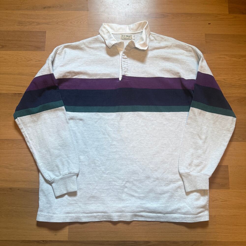 Men's Vintage 80's L.L. Bean Gray Purple Striped Rugby Pullover Shirt Sz 2XL XXL